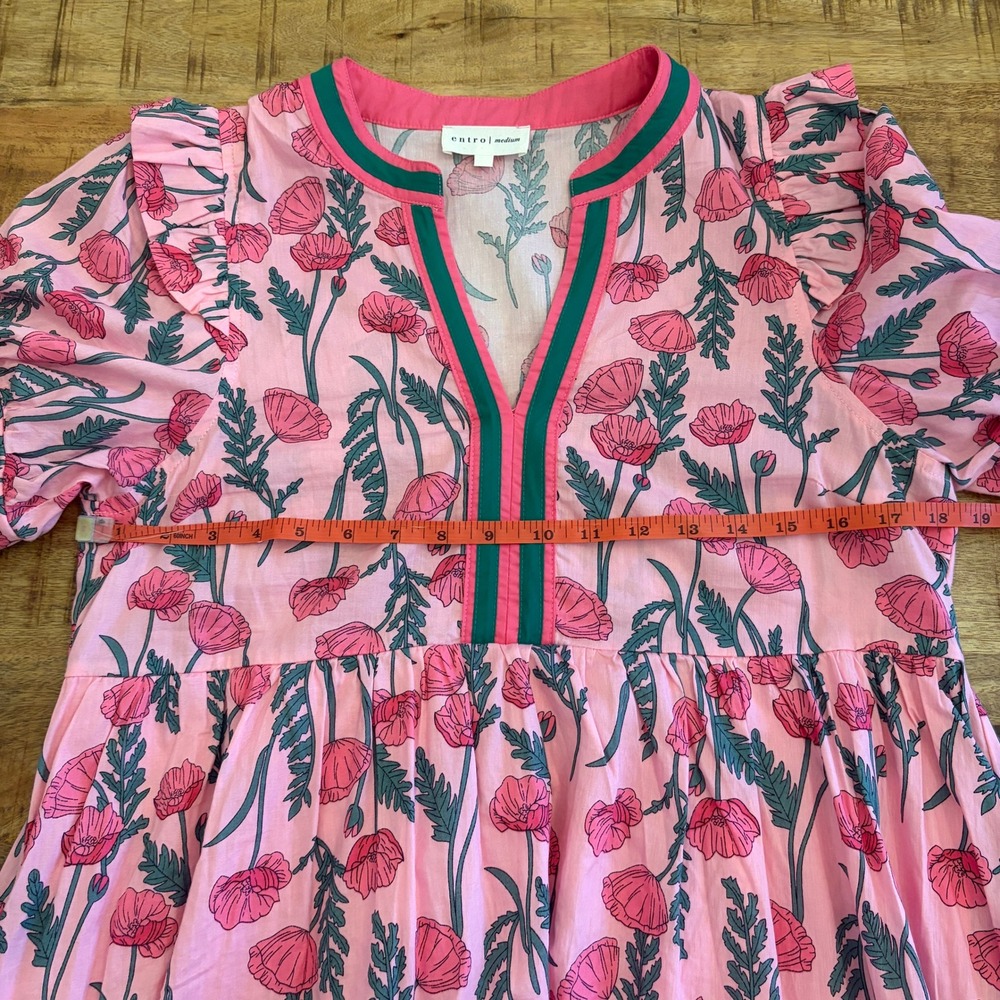 Entro Poppy Floral Midi Dress M Cottagecore Ruffle Tiered Preppy Cotton Pink - Picture 10 of 12